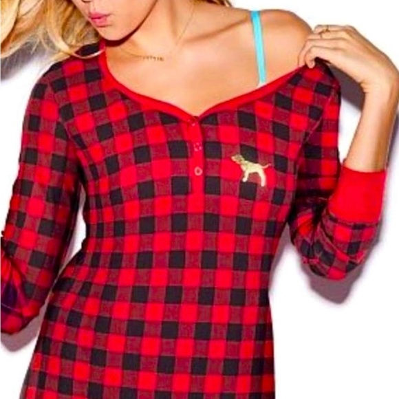 Victoria Secret Pink Cozy I Only Sleep Buffalo Plaid Waffle Sleep Shirt Top New - Picture 1 of 12
